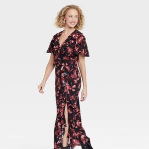 A New Day M Womens Maxi Dress Ruffle Flounce Short Sleeve Floral Red Black
